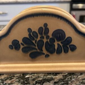Pfaltzgraff Folk Art Vintage Tan and Blue Ceramic Napkin Holder